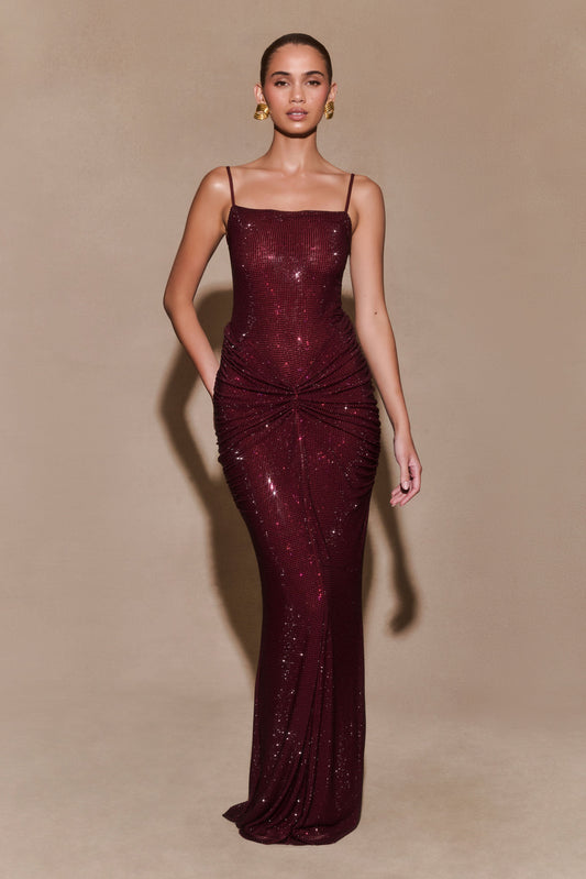 Roisin Diamante Satin Maxi Dress - Mahogany
